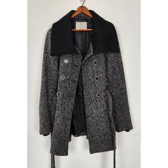 Guess Women's Black And White Tweed Wool Blend Belted Button Front Pea Coat, XL - Picture 2 of 9